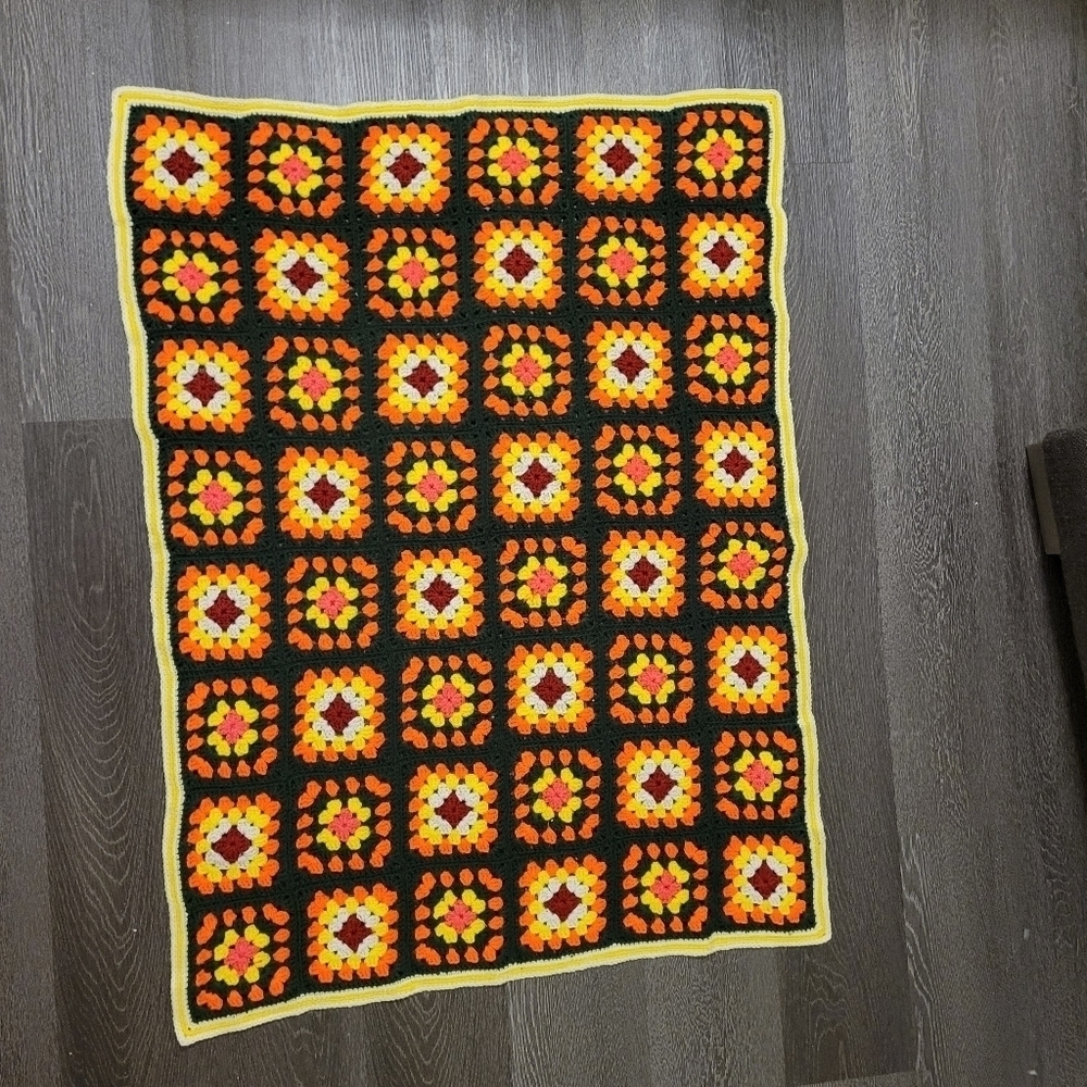 Afghan Hand Crochet Granny Square Blanket Throw Wool Yellow Orange Green